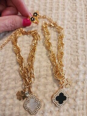 Clover 2 Bracelet Set Gold Tone Pendants With Matching Ring Size 5.5 NWOT